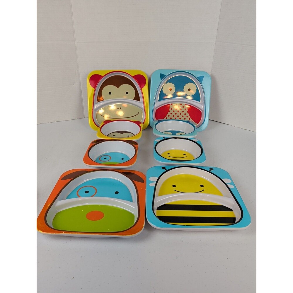 Lot of 4 Skip Hop Zoo Bee Dog Monkey Owl Melamine Plate And Bowl Sets